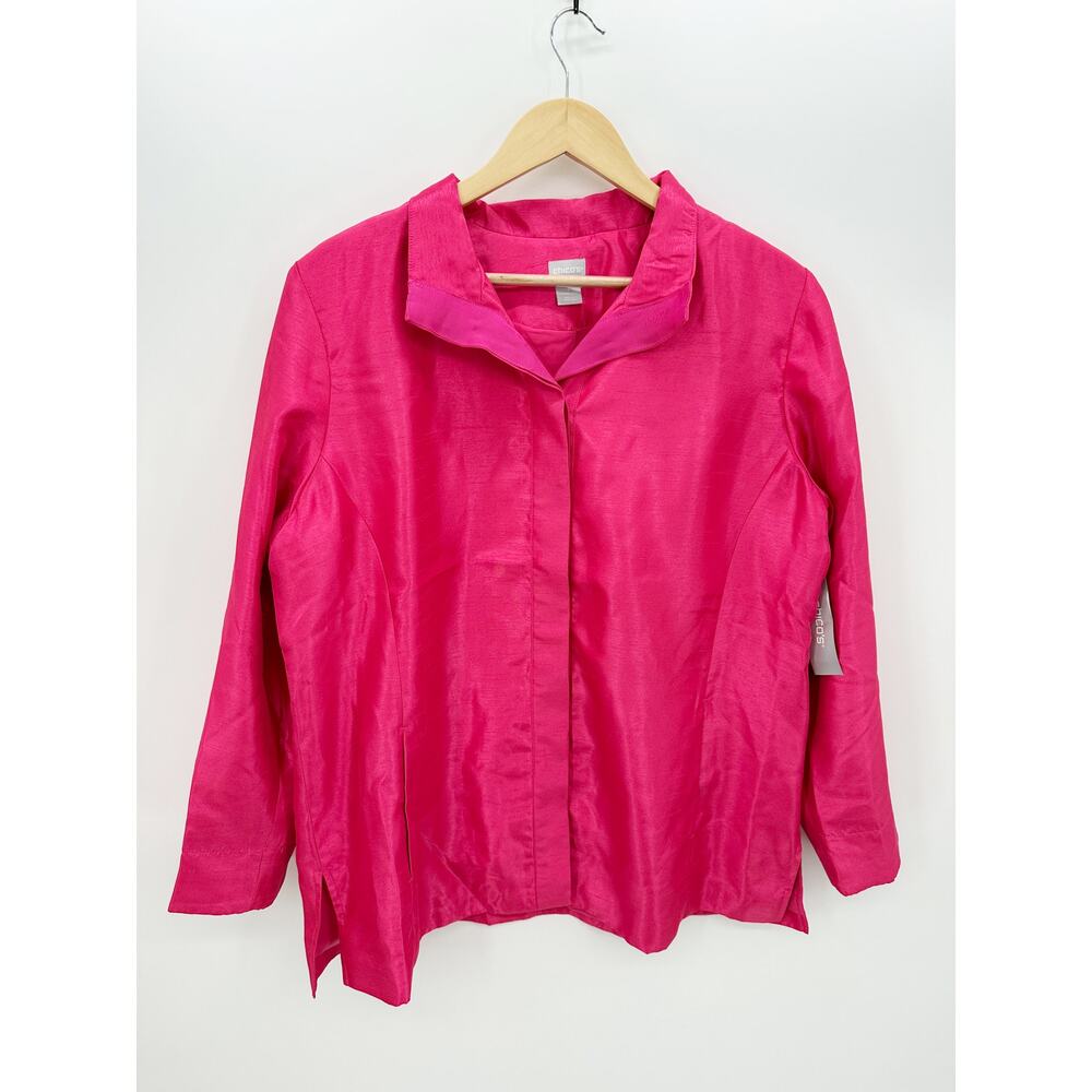 Chico's Jacket Women Size 16/18 Barbie Pink Mid Length Shantung Button Front NWT
